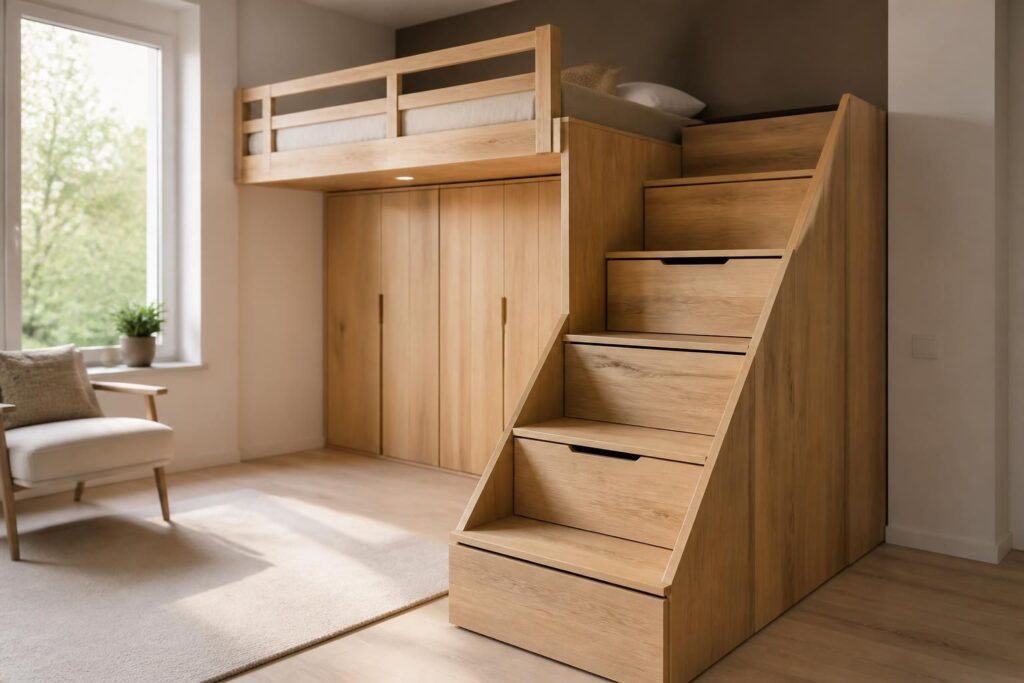 découvrez notre escalier mezzanine en bois massif, alliant praticité et esthétique pour un accès sécurisé à votre lit mezzanine. idéal pour optimiser l'espace avec style.