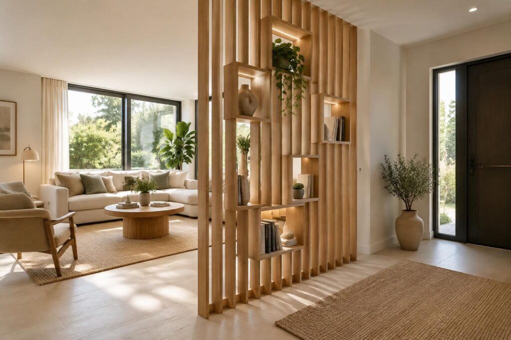 découvrez le claustra en bois intérieur avec niches : une solution design et pratique pour structurer vos espaces et exposer vos objets.
