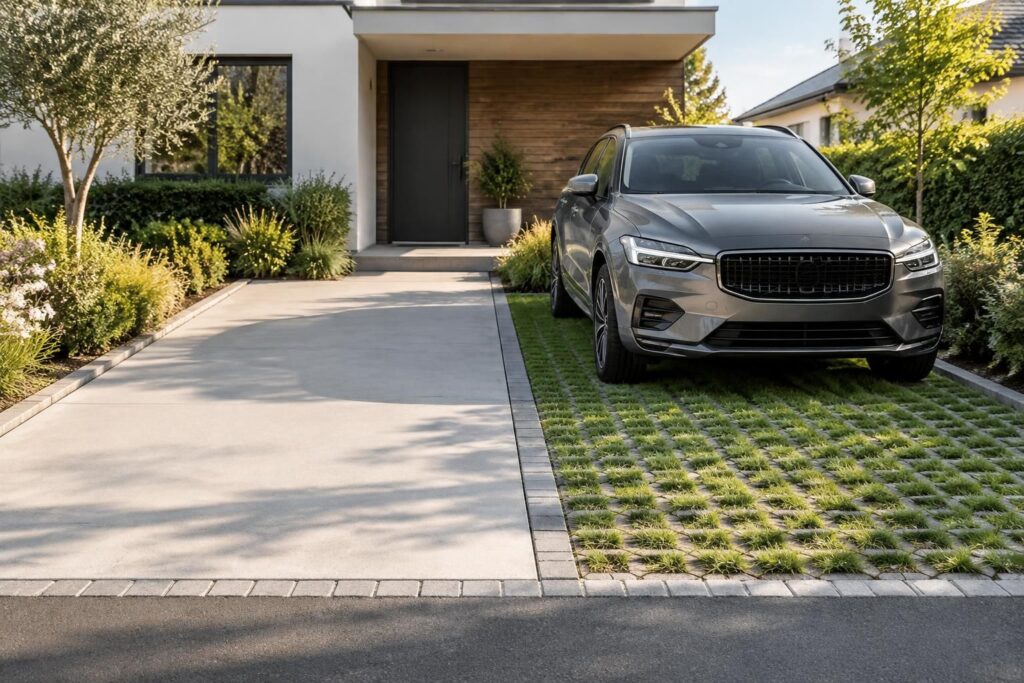 comparez dalle de parking extérieure et gazon pour choisir une solution durable, pratique et adaptée au stationnement de votre voiture.